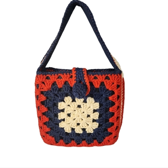 Vintage Handbags - Vintage Granny Square Crocheted Yarn Tote Bag Structured Purse